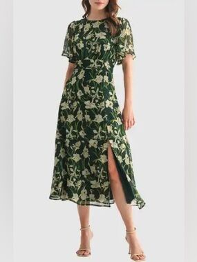 79. Lush • NWT $99 USD Green Floral Midi Dress with Side Slit PTP 17”-19”